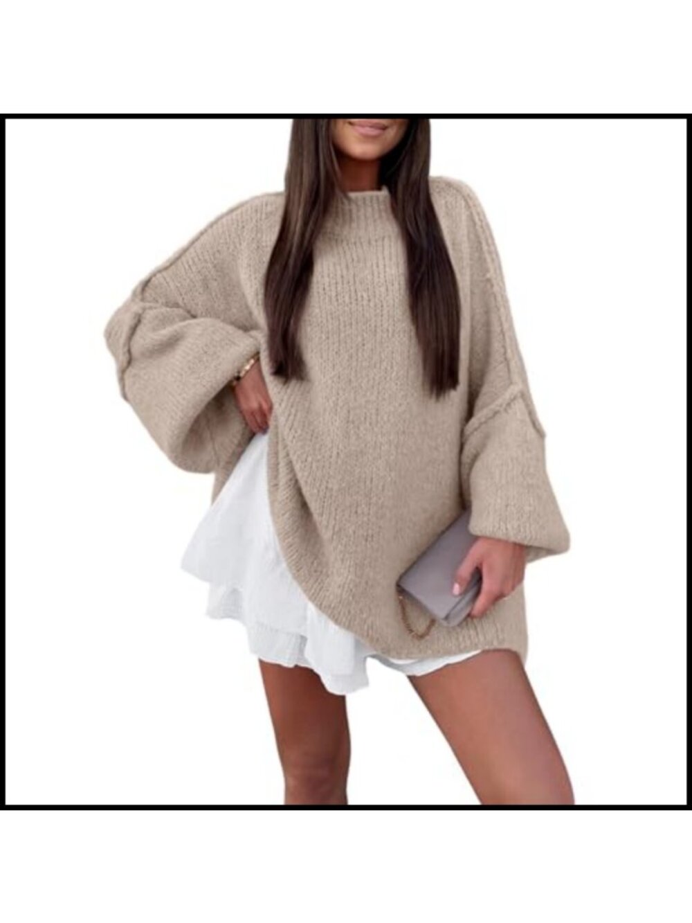 Oversized Mock Neck Batwing Long Sleeve Chunky Knit Pullover Sweater